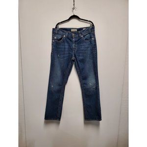 Mek Denim Bulgan Straight Leg Button Fly Jeans Mens 36 x 32 Distressed Dark Blue